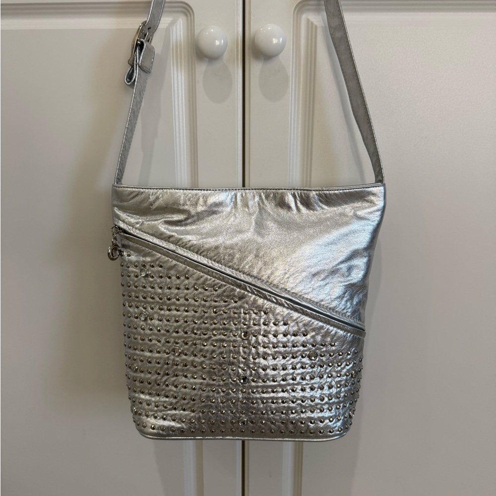 Vintage Leather Studded Valerie Crossbody Bag - silver Metallic Shoulder Bag